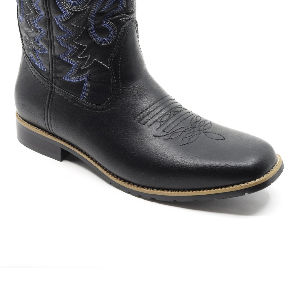 Black Men's Cowboy Western Embroidered Square Toe Chunky Heel Boots - Picture 5 of 7
